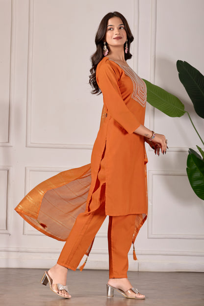 Elegant Orange Rayon Kurta Set with Dupatta & Embroidery