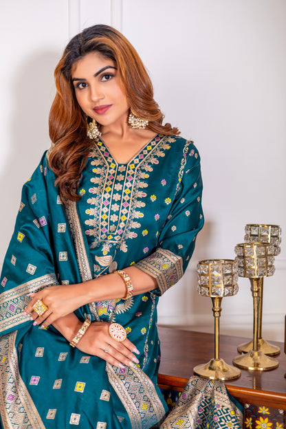 Teal Silk jacquard Kurta Set with Dupatta