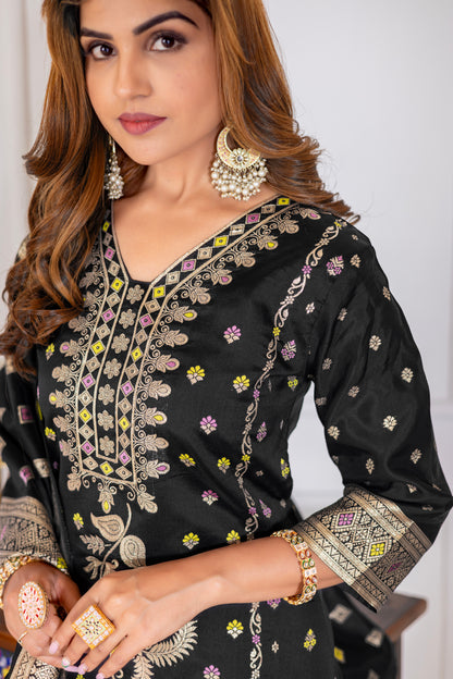 Black Silk jacquard Kurta Set with Dupatta
