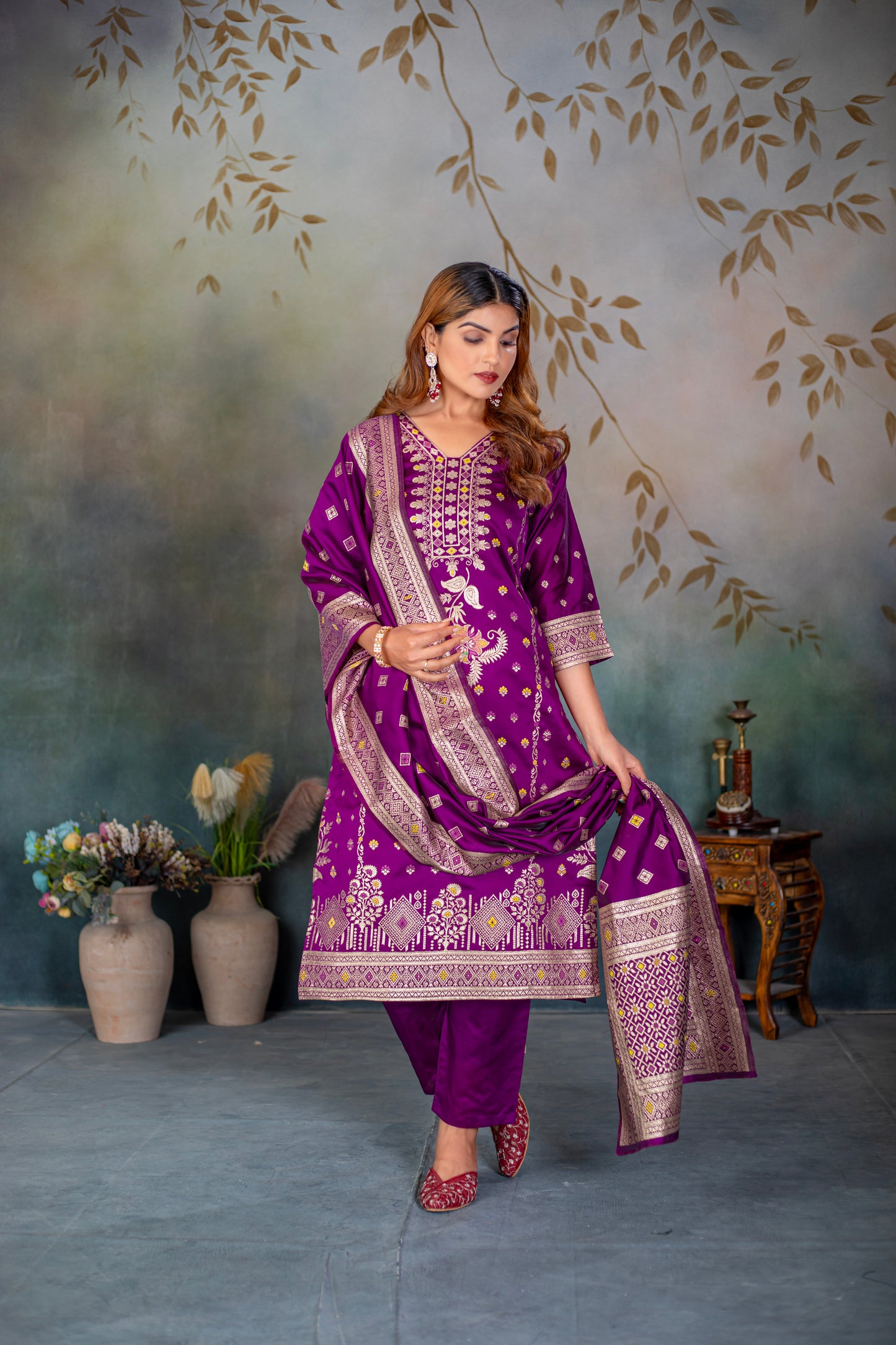 Magenta Silk jacquard Kurta Set with Dupatta