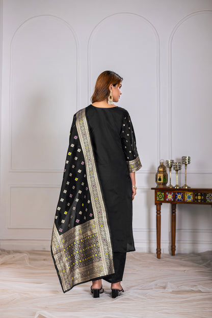 Black Silk jacquard Kurta Set with Dupatta