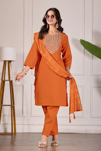 Elegant Orange Rayon Kurta Set with Dupatta & Embroidery
