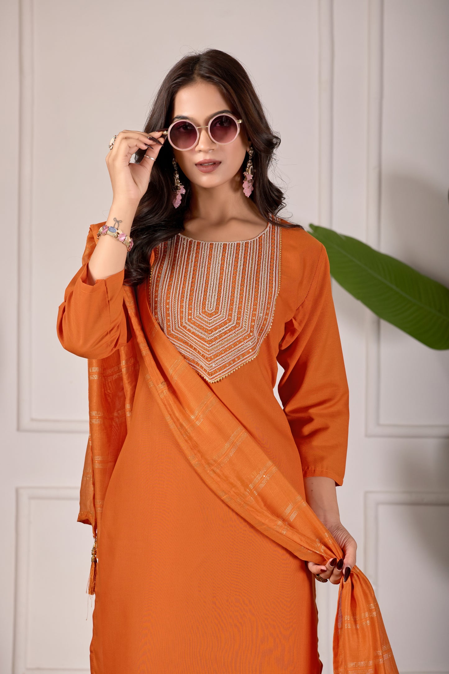 Elegant Orange Rayon Kurta Set with Dupatta & Embroidery