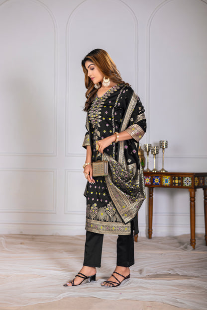 Black Silk jacquard Kurta Set with Dupatta