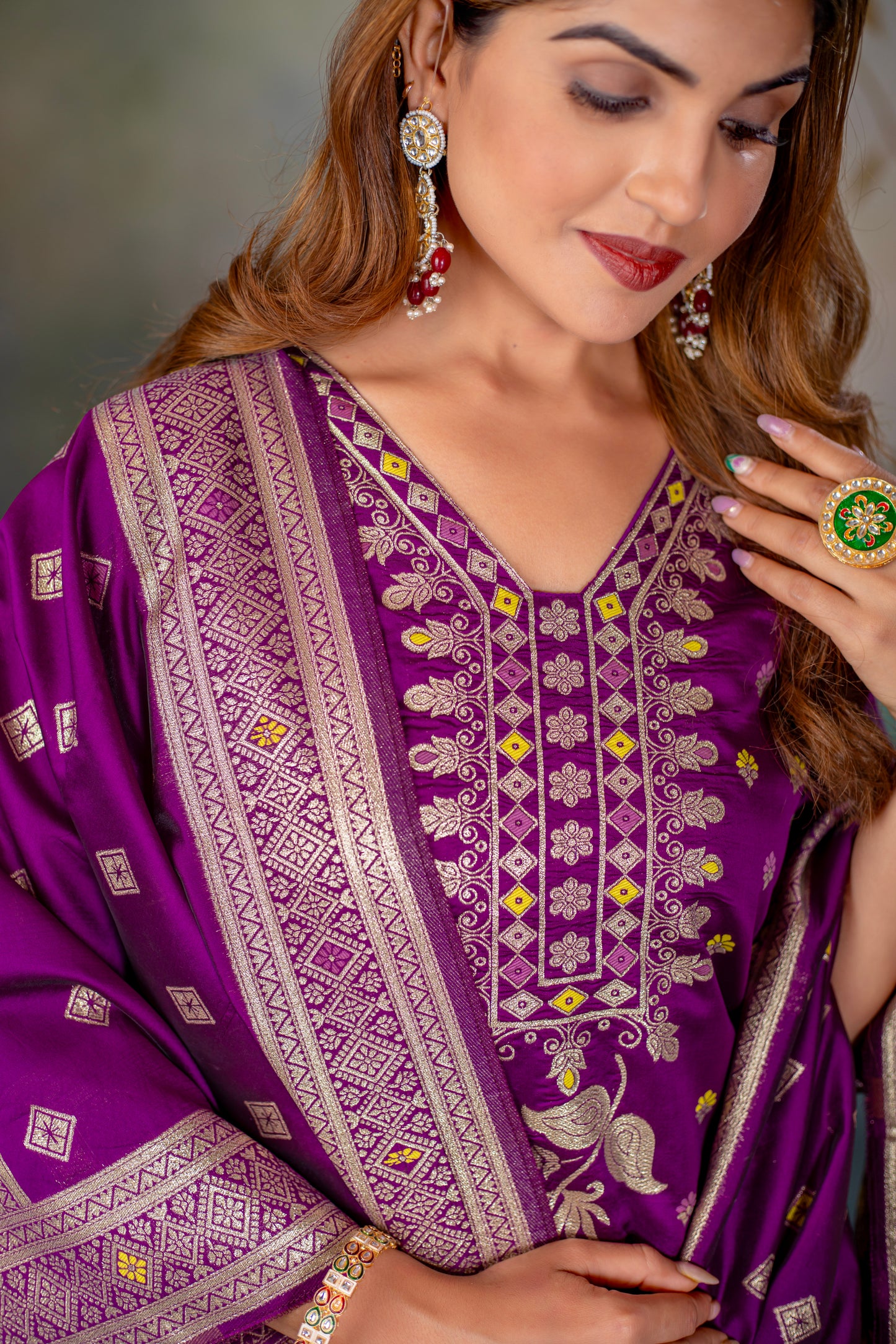 Magenta Silk jacquard Kurta Set with Dupatta