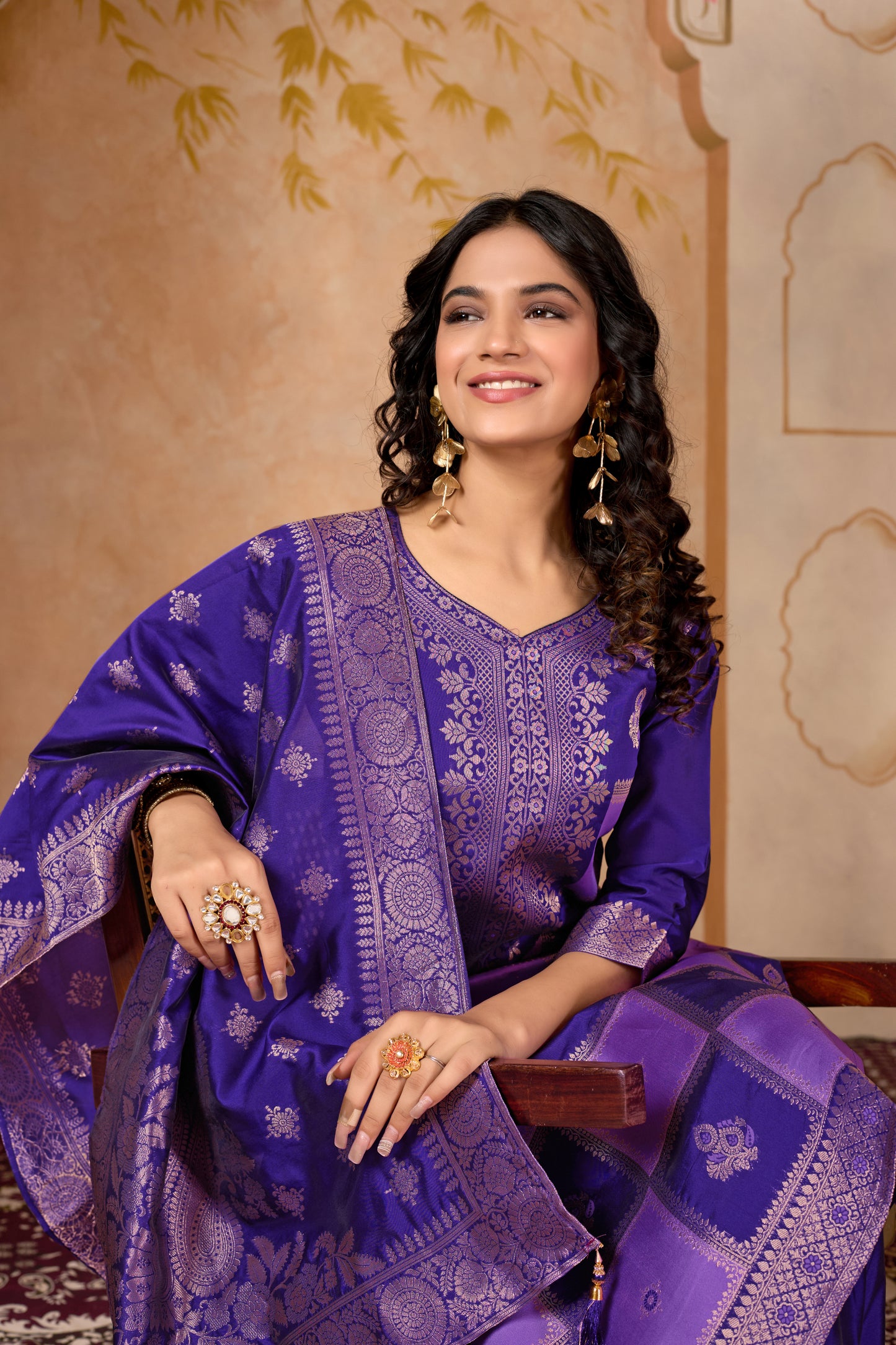Purple Banarasi Silk Jacquard Kurta Set with Dupatta
