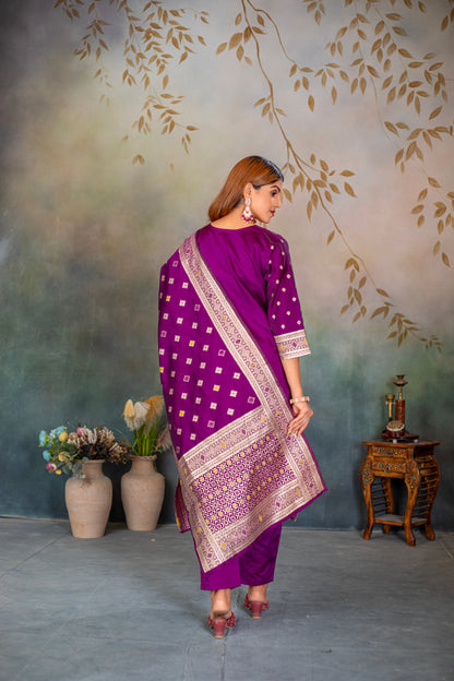 Magenta Silk jacquard Kurta Set with Dupatta