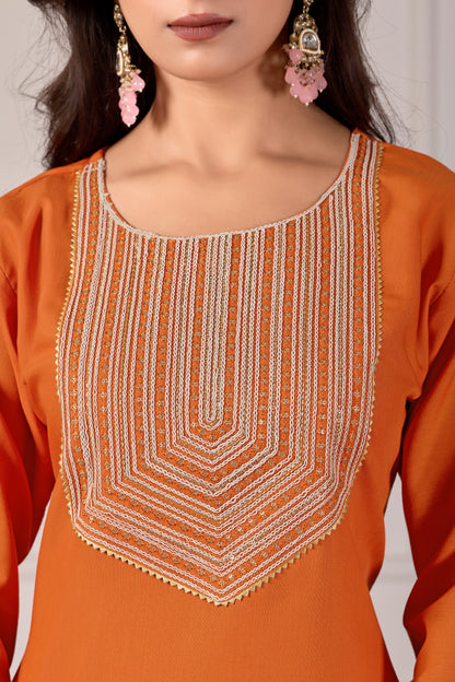 Elegant Orange Rayon Kurta Set with Dupatta & Embroidery