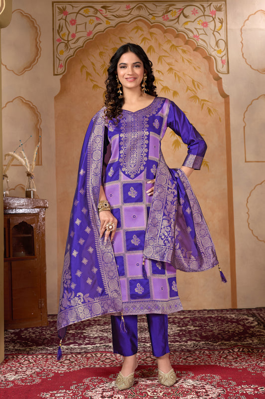 Purple Banarasi Silk Jacquard Kurta Set with Dupatta