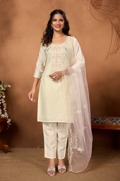 Elegant Off-White Embroidered Kurta Set with Dupatta
