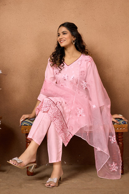 Charming Baby Pink Embroidered Kurta Set with Dupatta