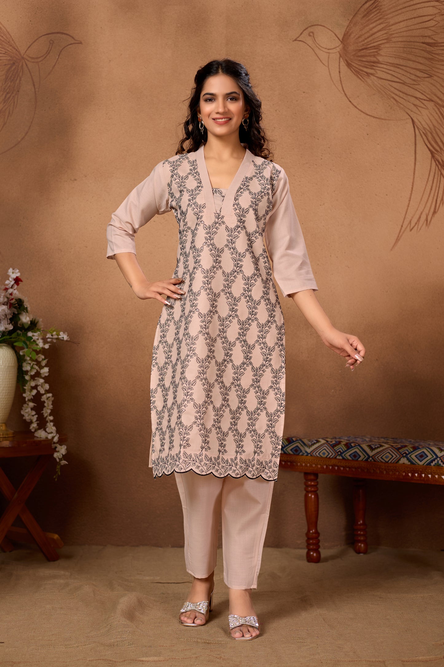 Stylish Peach Kurta Set with Black Embroidery & Dupatta