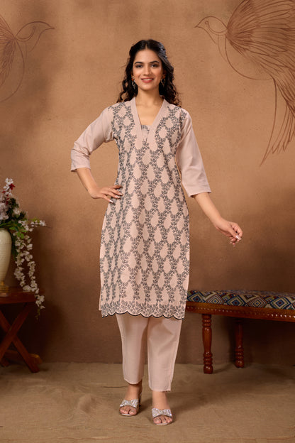 Stylish Peach Kurta Set with Black Embroidery & Dupatta