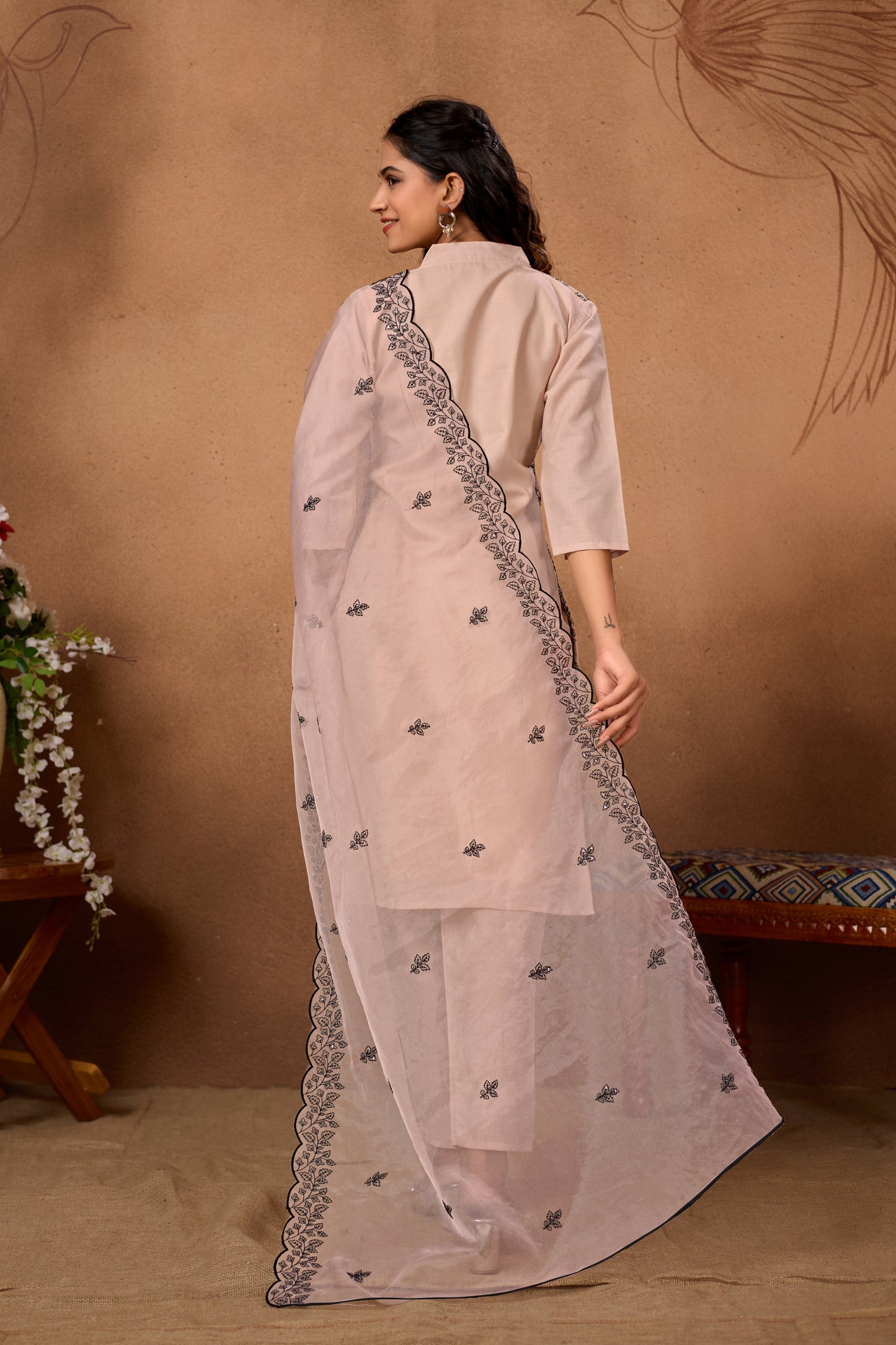 Stylish Peach Kurta Set with Black Embroidery & Dupatta