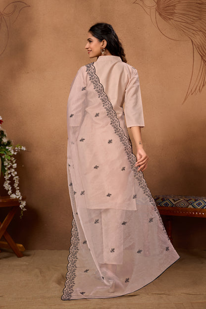 Stylish Peach Kurta Set with Black Embroidery & Dupatta