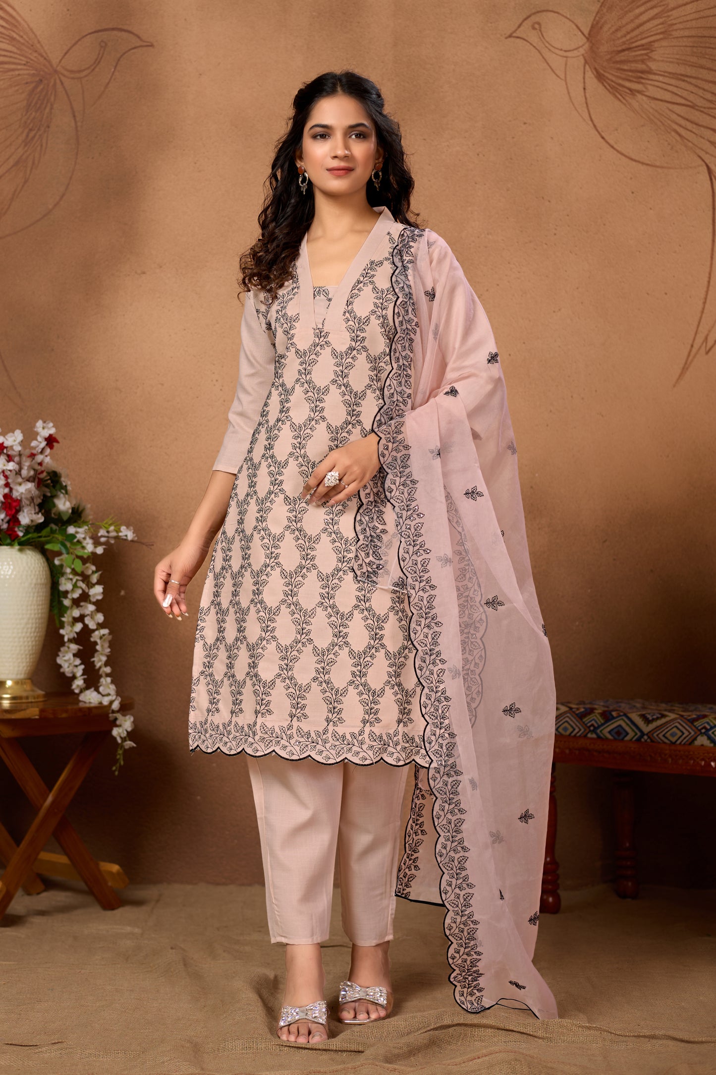 Stylish Peach Kurta Set with Black Embroidery & Dupatta