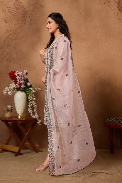 Stylish Peach Kurta Set with Black Embroidery & Dupatta