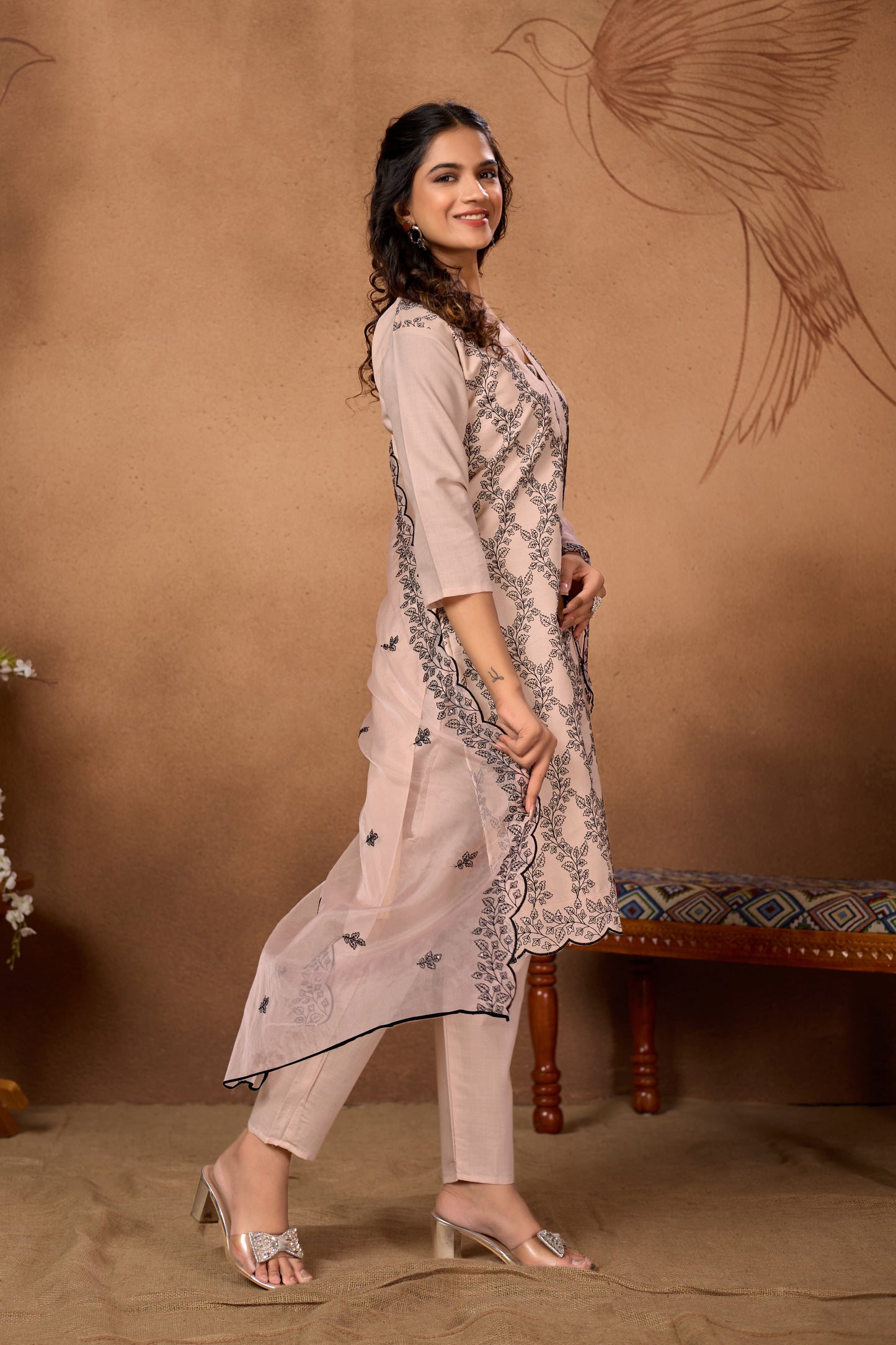 Stylish Peach Kurta Set with Black Embroidery & Dupatta
