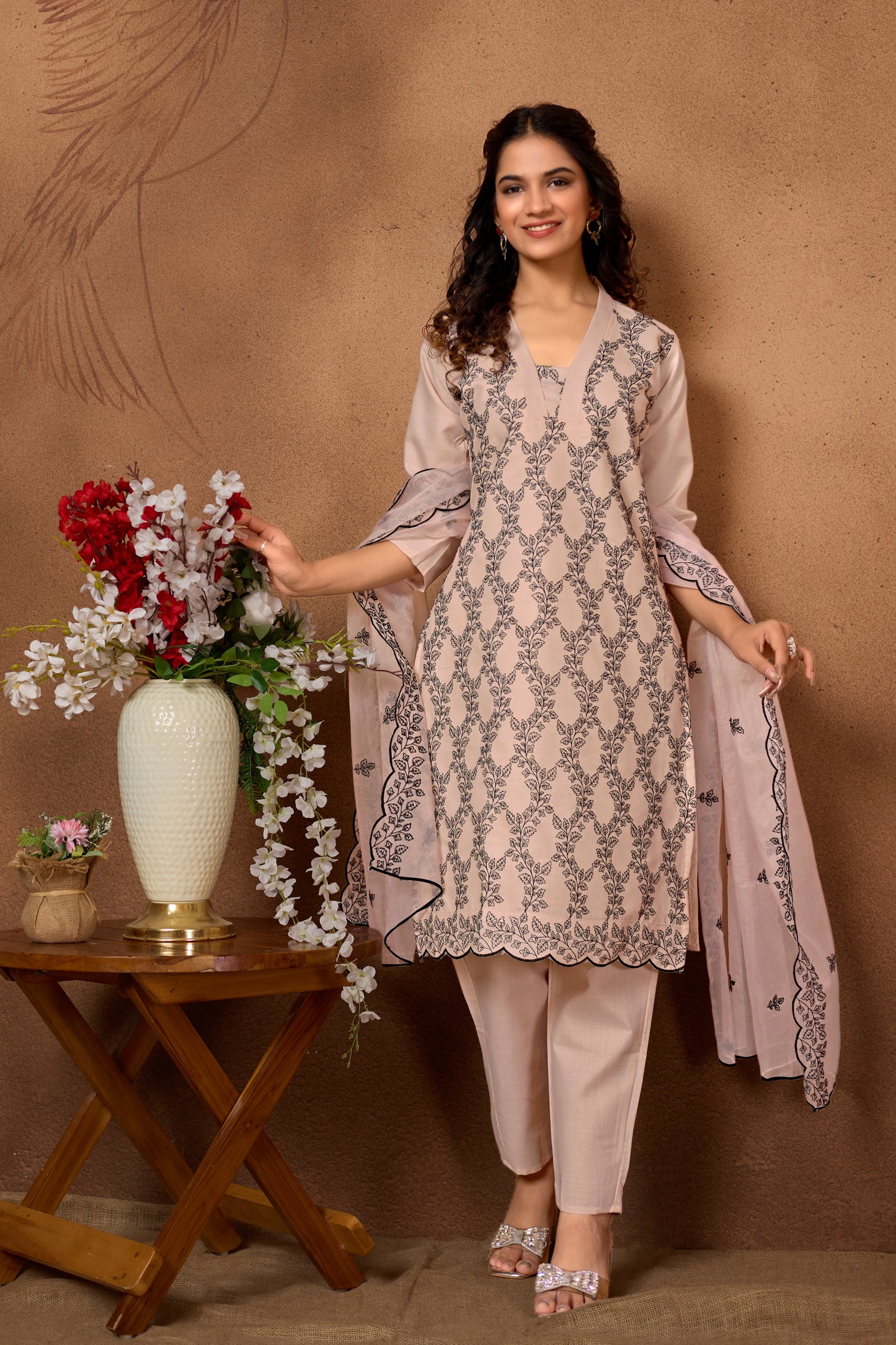 Stylish Peach Kurta Set with Black Embroidery & Dupatta