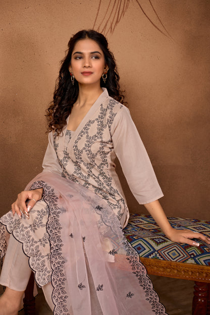 Stylish Peach Kurta Set with Black Embroidery & Dupatta