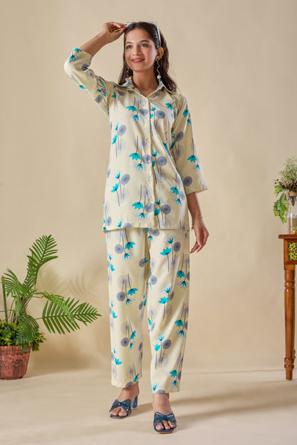 Trendy Floral Printed Co-ord Set for Women – Comfortable Shirt & Pajama