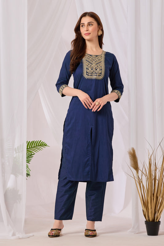 Elegant Navy Blue Embroidered Cotton Kurta Set for Women