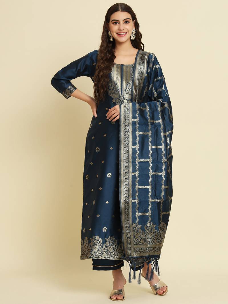 Rama Silk jacquard Kurta Set with Dupatta