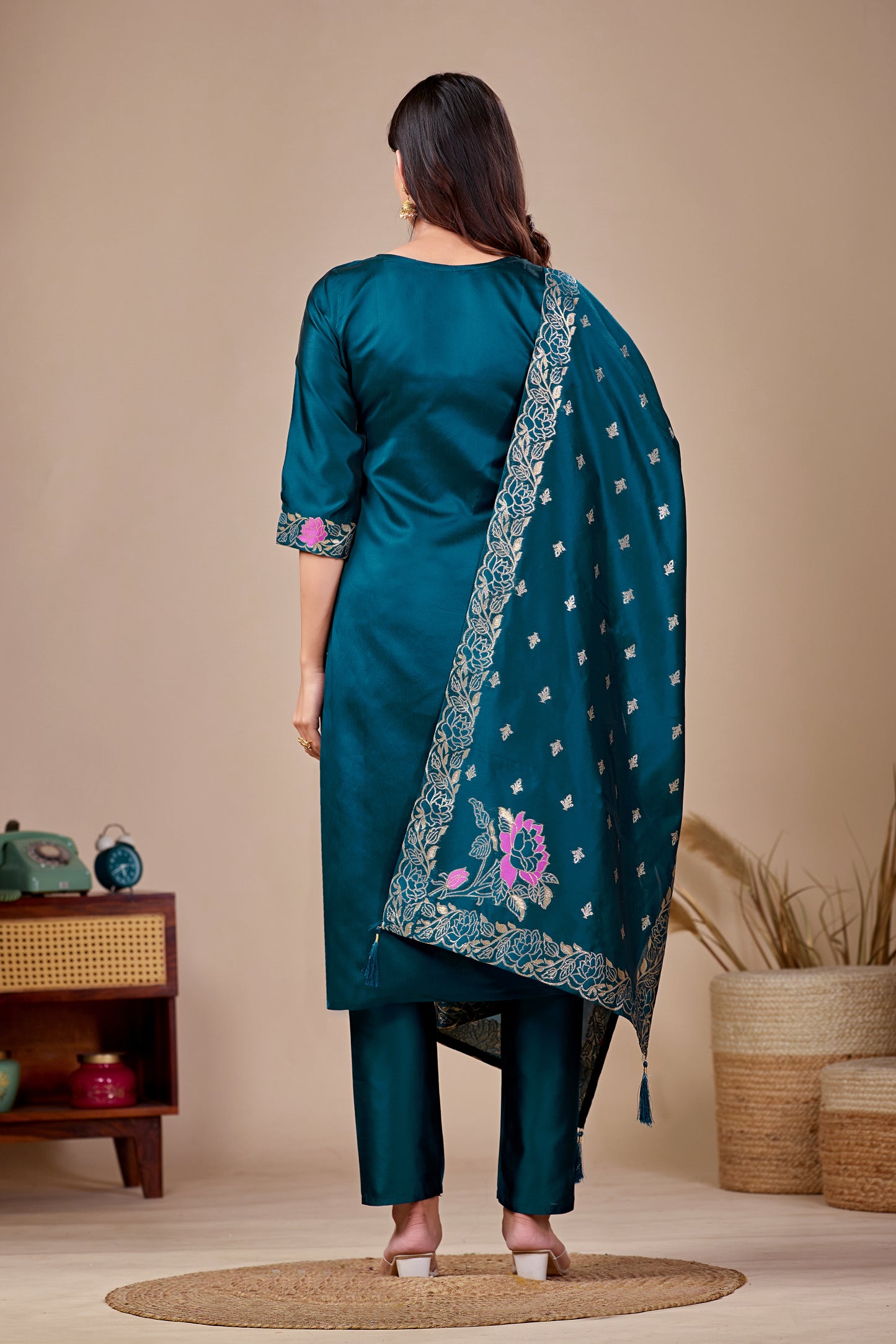 Floral Rama Jacquard Kurta Set for Women with Pant & Dupatta | Party Wear Ethnic Suit