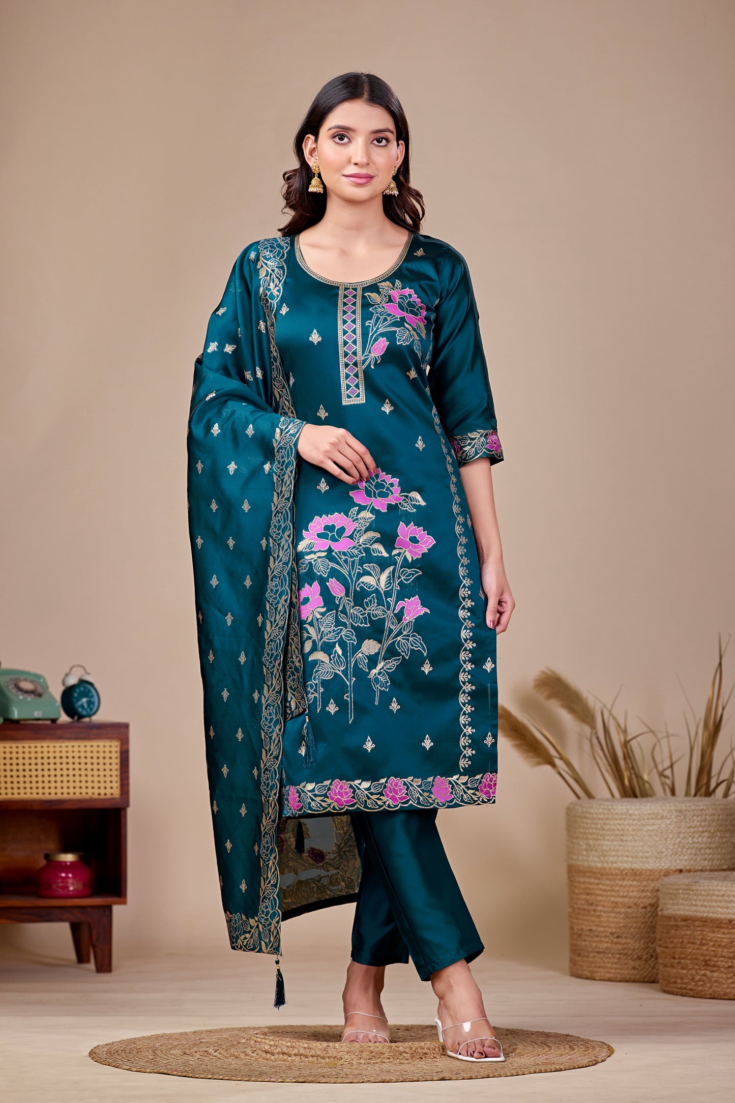Floral Rama Jacquard Kurta Set for Women with Pant & Dupatta | Party Wear Ethnic Suit