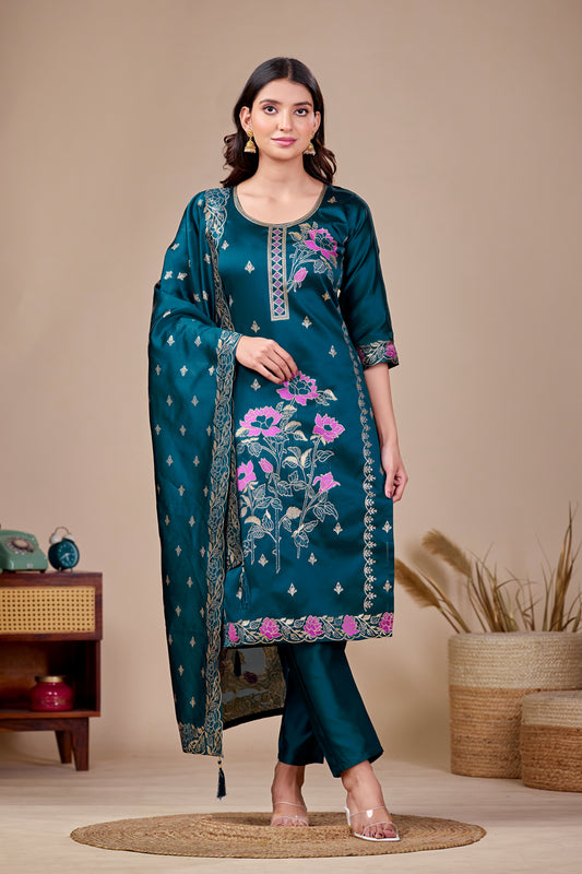 Floral Rama Jacquard Kurta Set for Women with Pant & Dupatta | Party Wear Ethnic Suit
