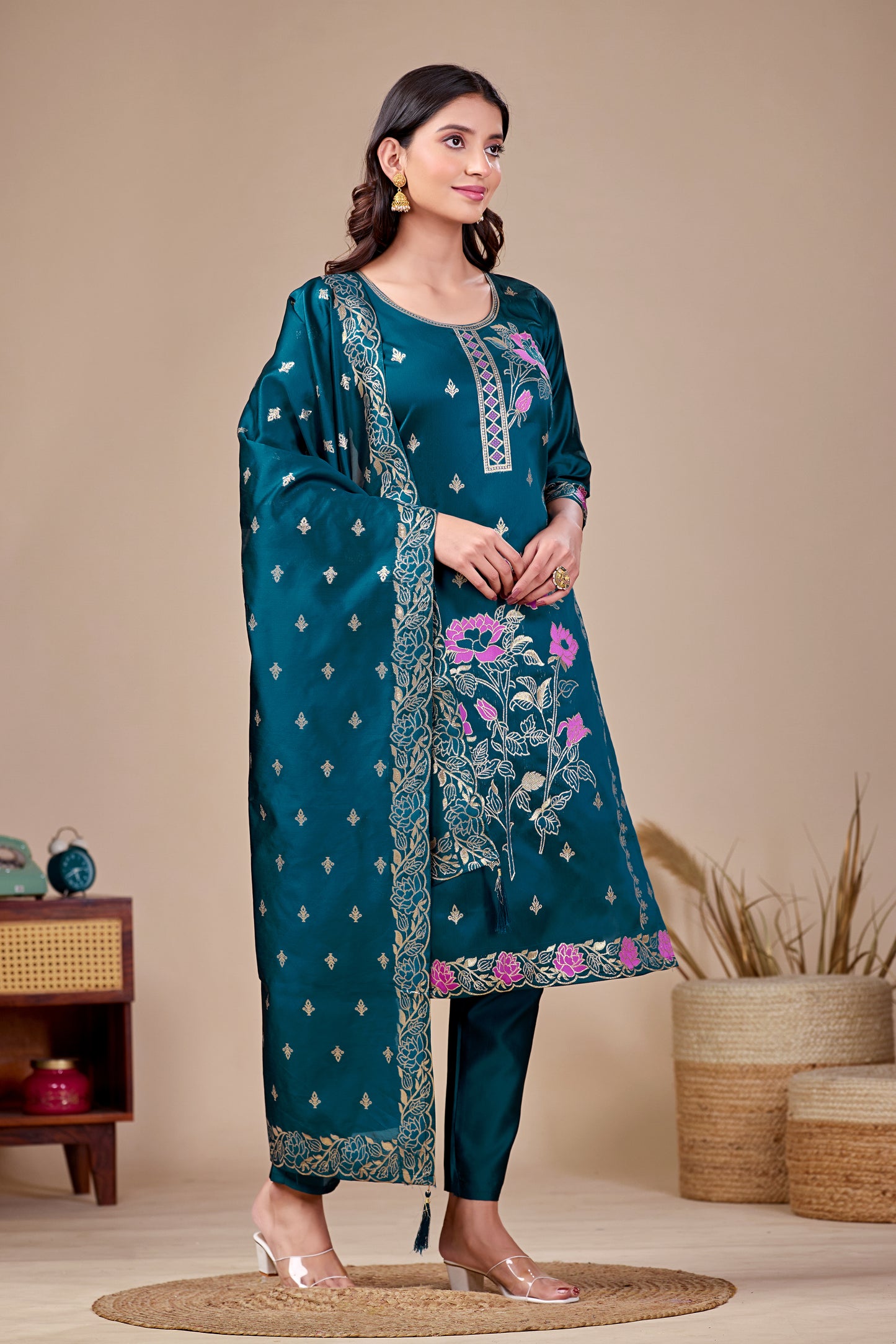Floral Rama Jacquard Kurta Set for Women with Pant & Dupatta | Party Wear Ethnic Suit
