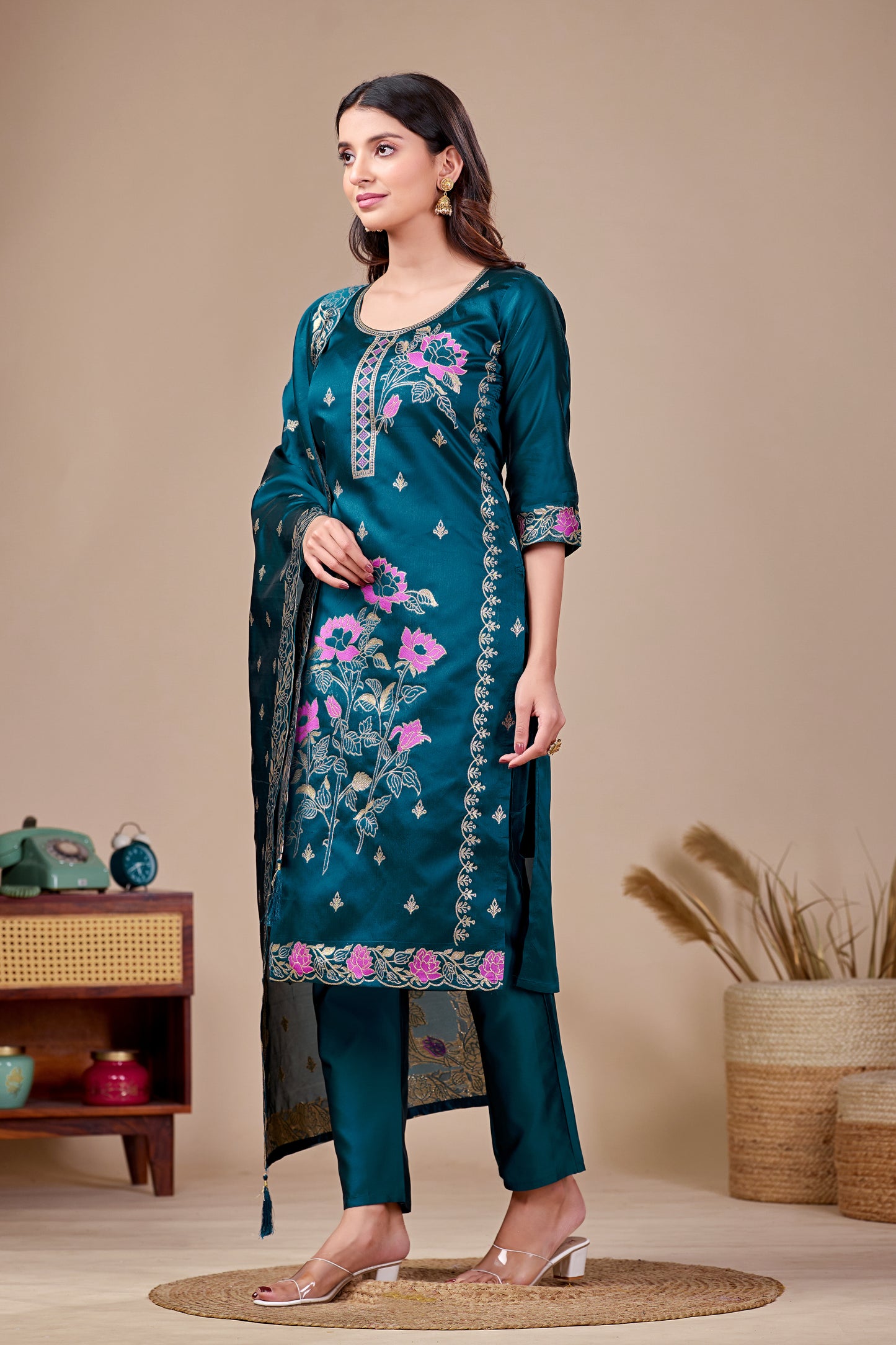 Floral Rama Jacquard Kurta Set for Women with Pant & Dupatta | Party Wear Ethnic Suit