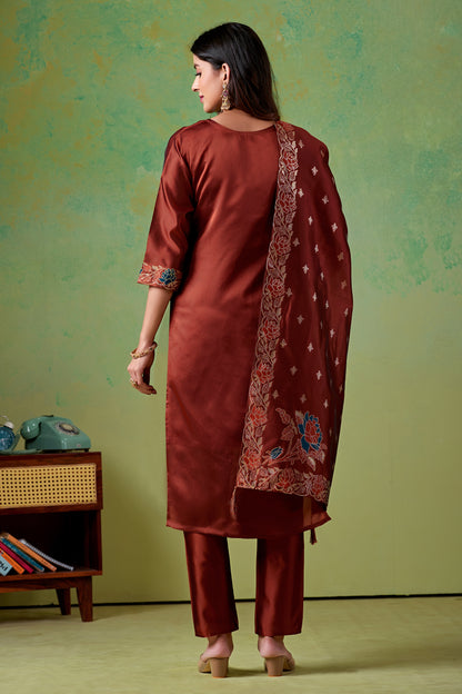 Floral Rust Jacquard Kurta Set for Women with Pant & Dupatta | Party Wear Ethnic Suit
