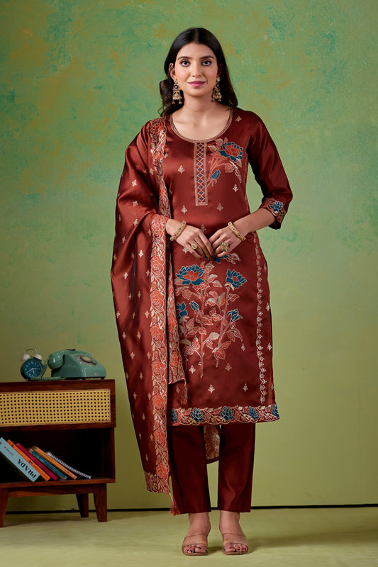 Floral Rust Jacquard Kurta Set for Women with Pant & Dupatta | Party Wear Ethnic Suit