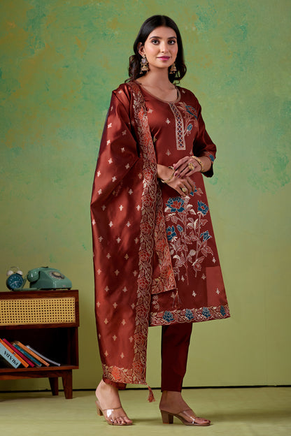 Floral Rust Jacquard Kurta Set for Women with Pant & Dupatta | Party Wear Ethnic Suit