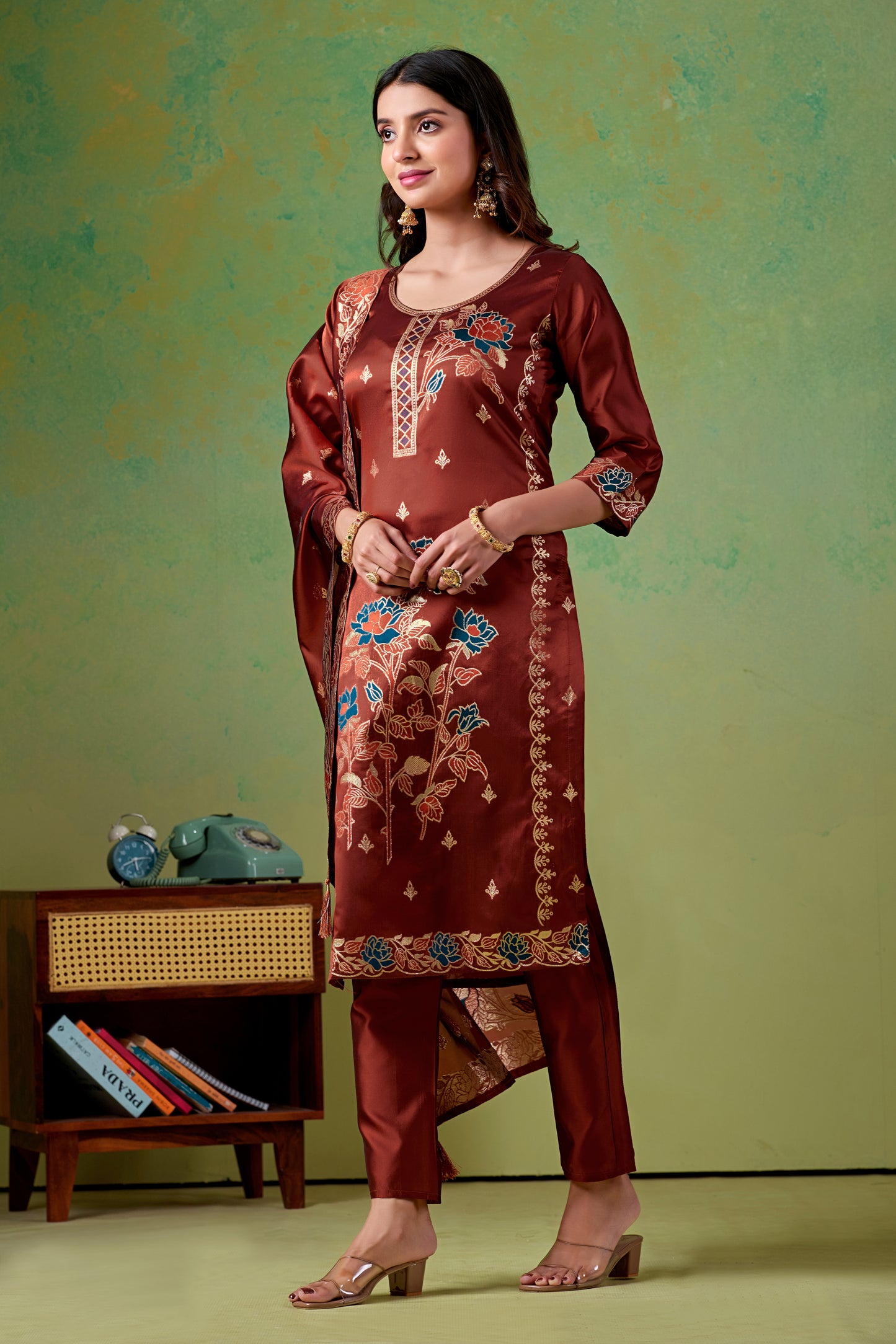Floral Rust Jacquard Kurta Set for Women with Pant & Dupatta | Party Wear Ethnic Suit
