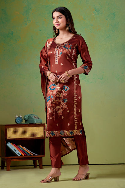 Floral Rust Jacquard Kurta Set for Women with Pant & Dupatta | Party Wear Ethnic Suit