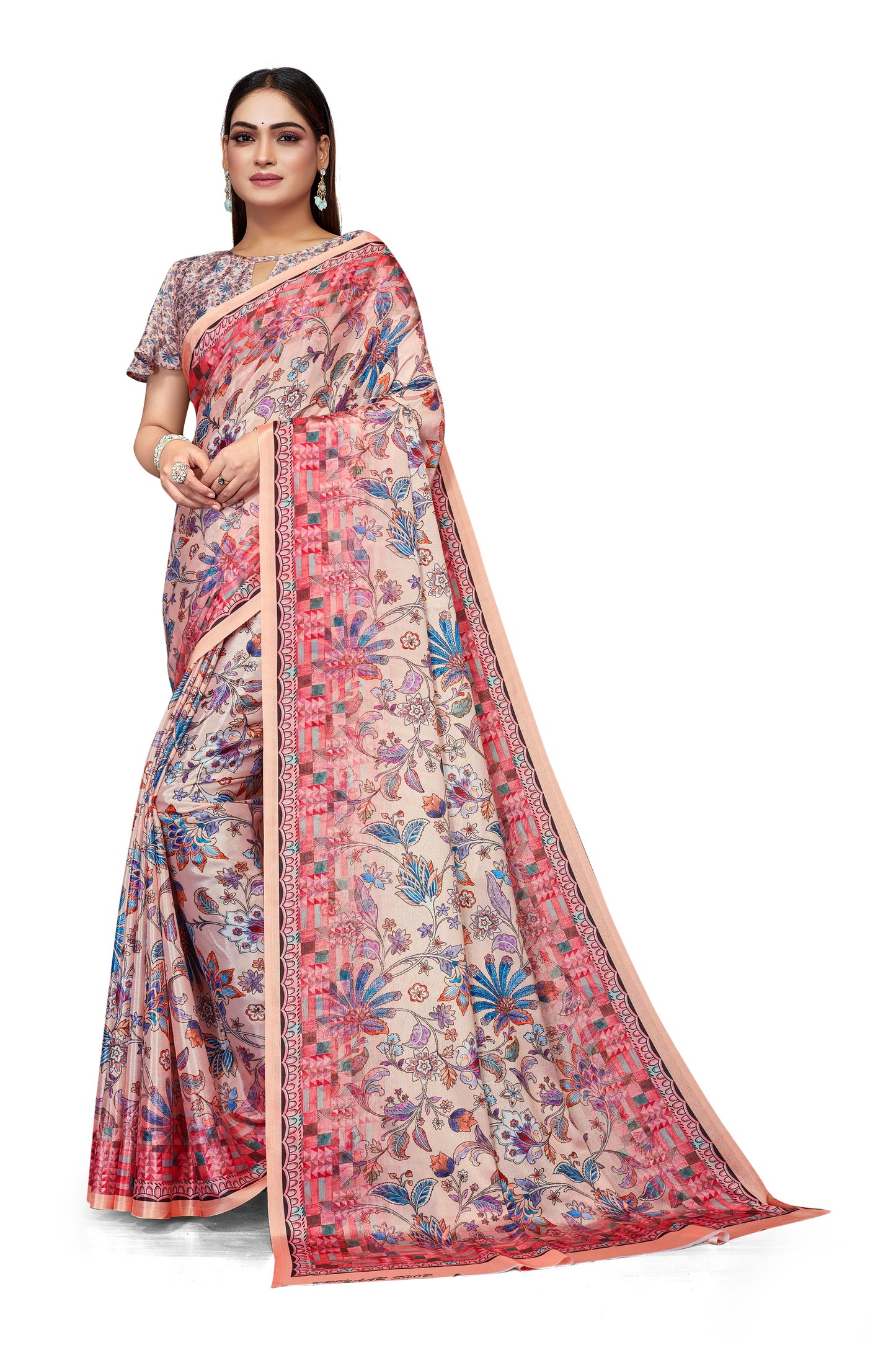 Blue Floral Digital Print Satin Silk Saree