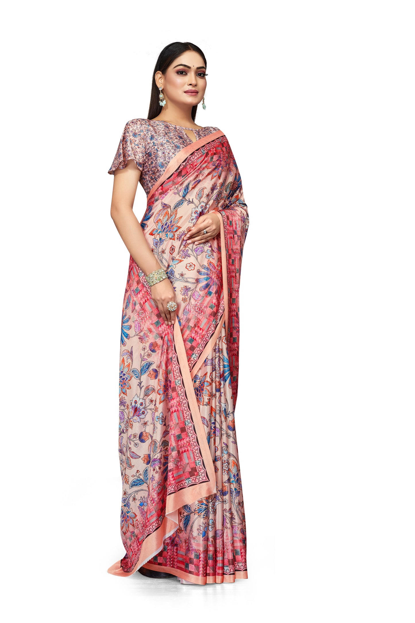 Blue Floral Digital Print Satin Silk Saree