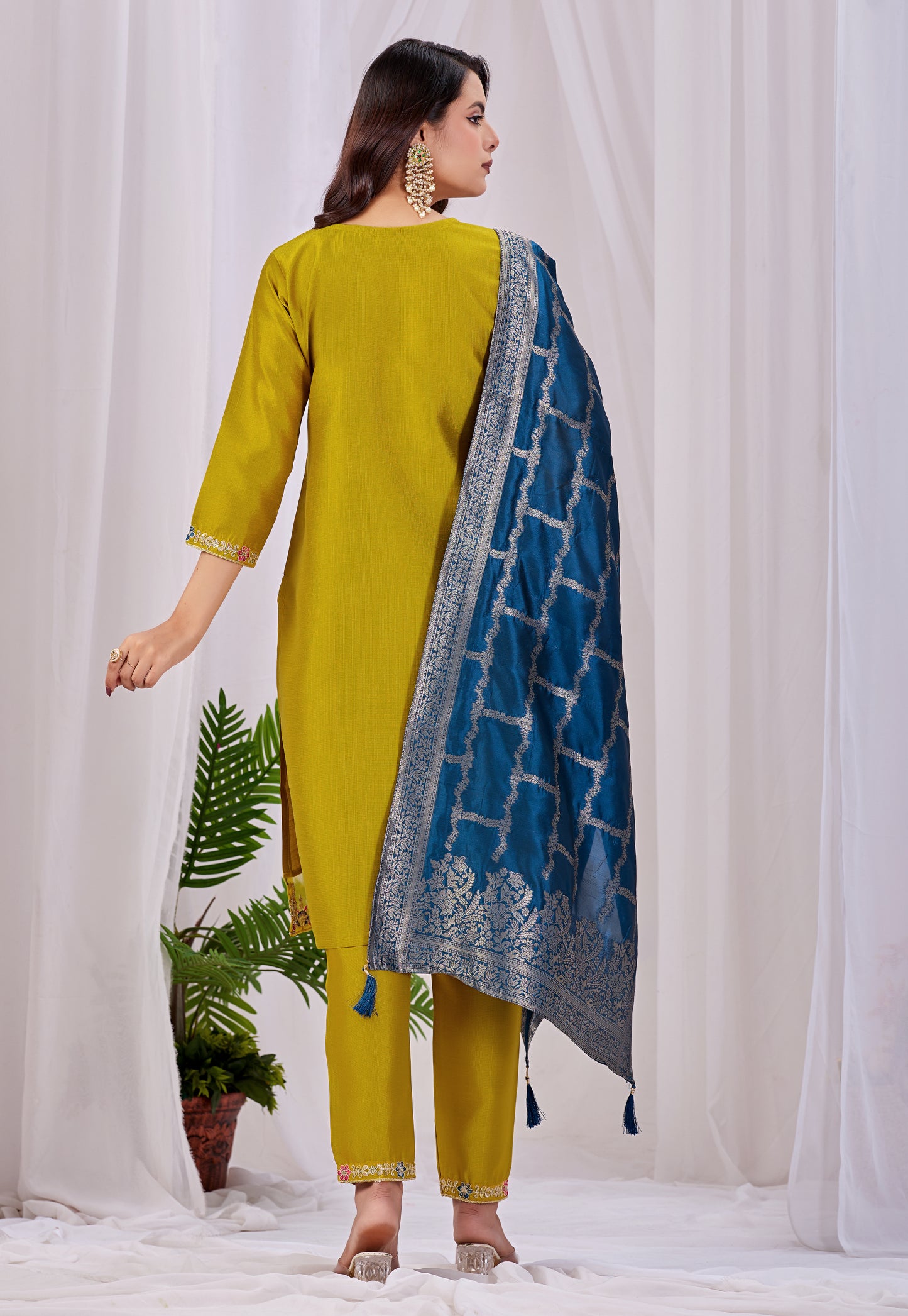Elegant Mustard Yellow Rayon Kurta Set with Blue Banarasi Silk Dupatta – 3-Piece Festive Wear