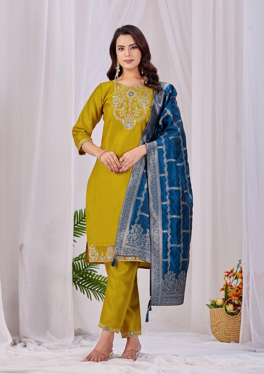 Elegant Mustard Yellow Rayon Kurta Set with Blue Banarasi Silk Dupatta – 3-Piece Festive Wear