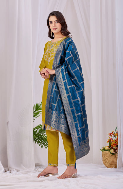 Elegant Mustard Yellow Rayon Kurta Set with Blue Banarasi Silk Dupatta – 3-Piece Festive Wear