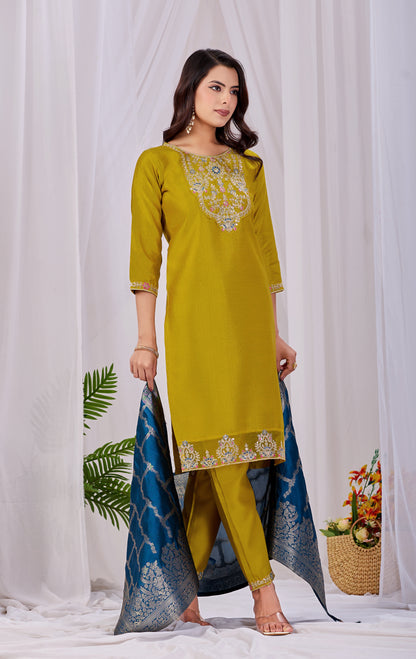 Elegant Mustard Yellow Rayon Kurta Set with Blue Banarasi Silk Dupatta – 3-Piece Festive Wear