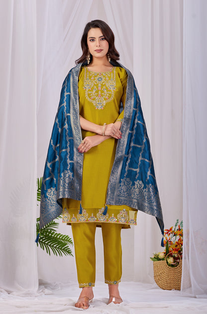 Elegant Mustard Yellow Rayon Kurta Set with Blue Banarasi Silk Dupatta – 3-Piece Festive Wear
