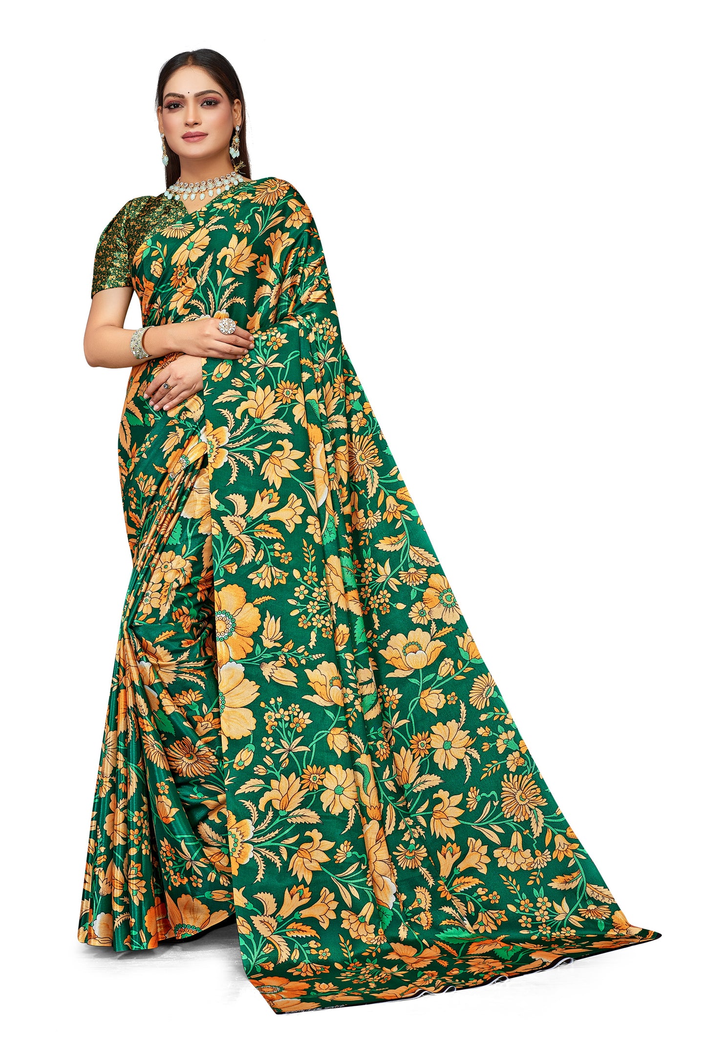 Green Floral Design Digital Print Satin Saree For Women