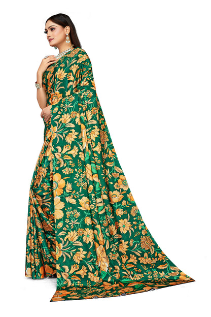 Green Floral Design Digital Print Satin Saree For Women