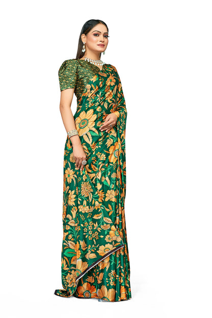 Green Floral Design Digital Print Satin Saree For Women