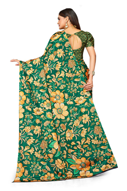 Green Floral Design Digital Print Satin Saree For Women