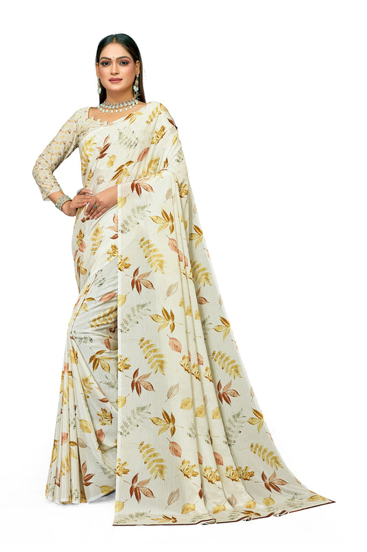 Gold Leaf Designer Digital Print Satin Saree For Women