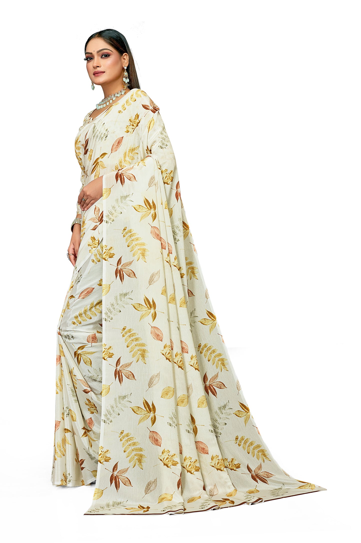 Gold Leaf Designer Digital Print Satin Saree For Women